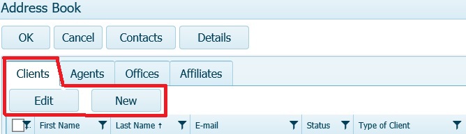 Address Book Clients Tab Edit-New buttons