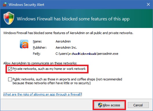 Windows Firewall Alert - Allow AeroAdmin