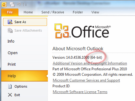 About 64-bit version in Outlook 2010